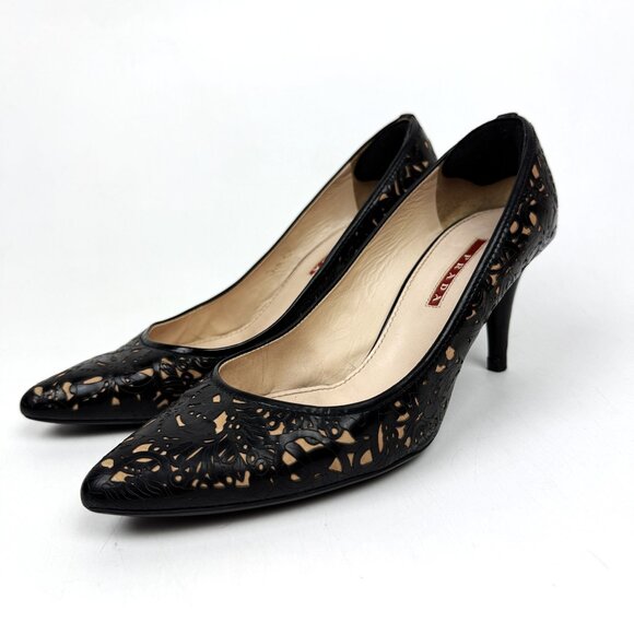 Prada Laser Cut Patent Leather Pumps Black & Tan Size 38.5 - Picture 1 of 11